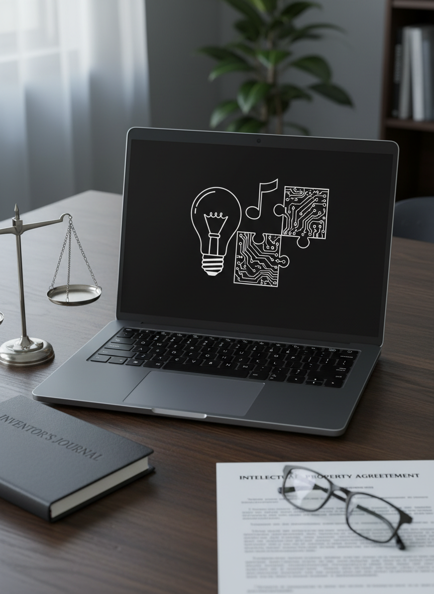 A close-up of an elegant, matte-black laptop on a dark oak table, its screen displaying a stylized, monochrome illustration of a lightbulb, musical note, and circuit board interlocking like puzzle pieces, symbolizing patents, copyrights, and technology. Around the laptop are minimal objects: a slim leather-bound notebook, a chrome legal scale paperweight, and a neatly aligned pair of reading glasses folded on a contract document with the words “Intellectual Property Agreement” in crisp serif type. Cool, diffused daylight from an unseen window creates a calm, even illumination with subtle reflections on the laptop edge. Shot from a slightly elevated angle, with mild background blur, the composition is balanced and uncluttered, projecting a precise, sophisticated, photographic aesthetic ideal for an IP law blog homepage hero image.